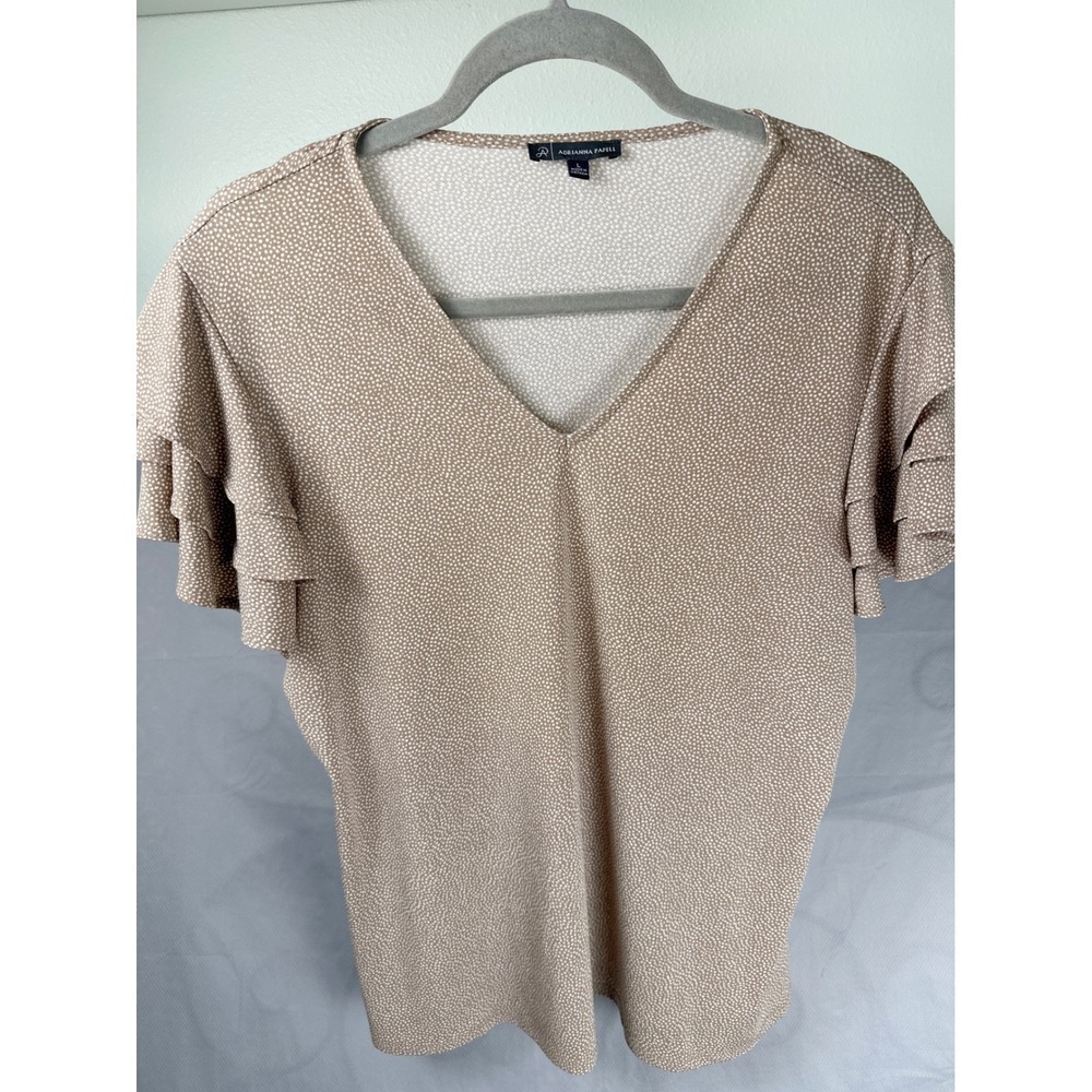 Adrianna Papell Tan White Polka Dot V-Neck Ruffle Sleeve Blouse Top Large L